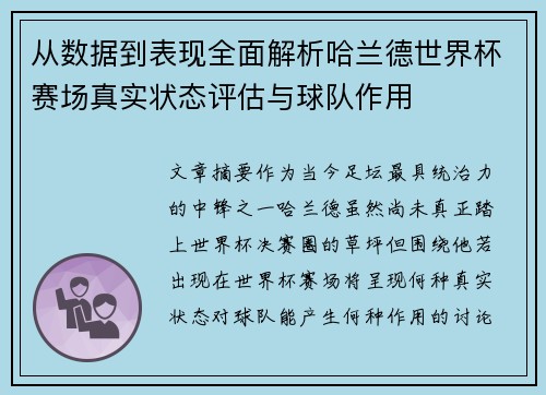 从数据到表现全面解析哈兰德世界杯赛场真实状态评估与球队作用