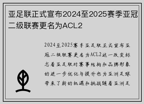 亚足联正式宣布2024至2025赛季亚冠二级联赛更名为ACL2