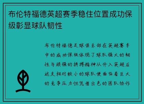 布伦特福德英超赛季稳住位置成功保级彰显球队韧性